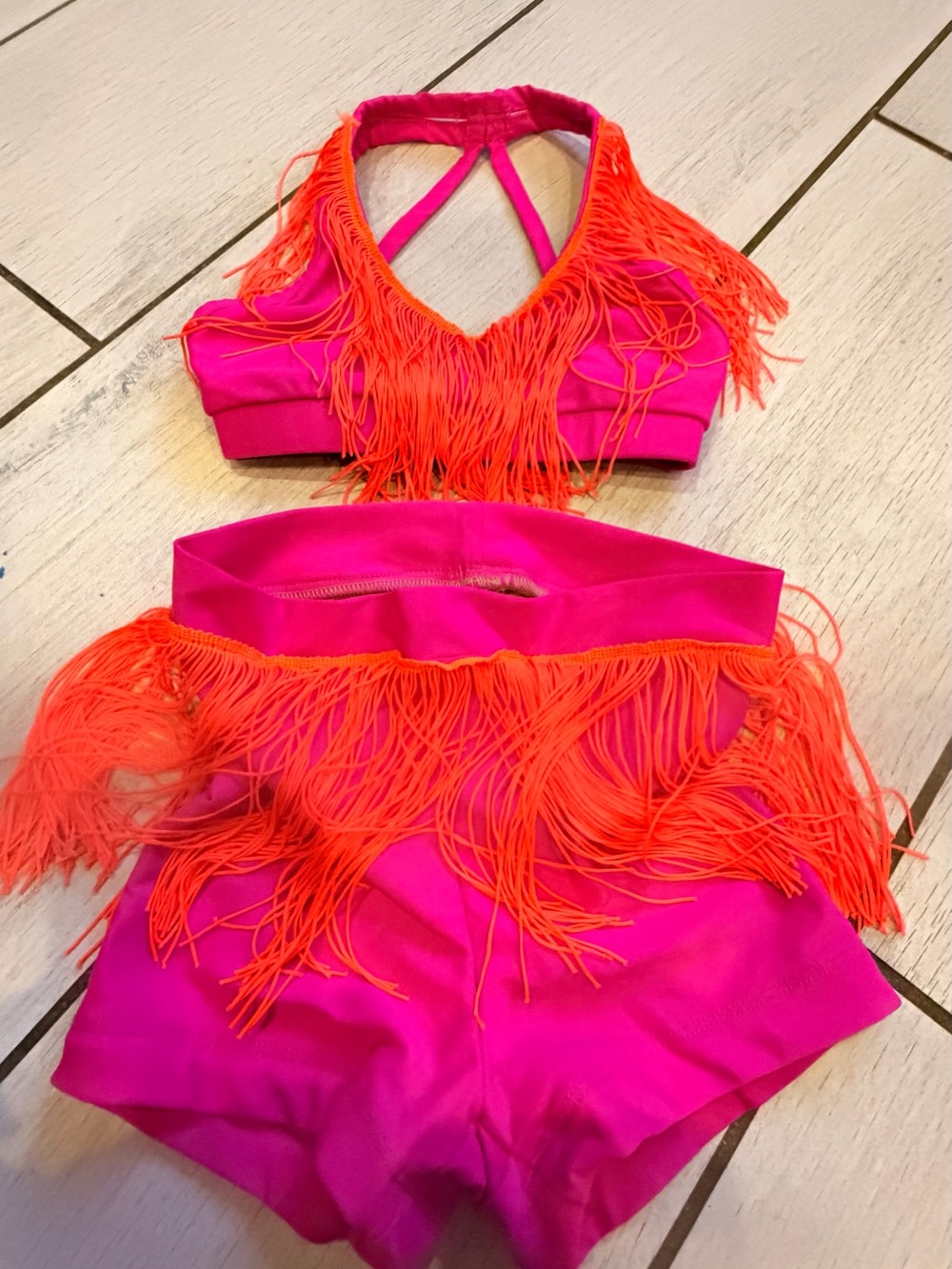 Kids Hot Pink & Neon Orange Fringe Dance Set